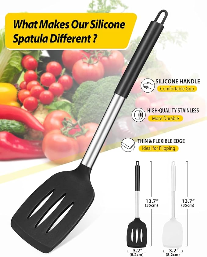 Pack of 2 Silicone Solid Turner, Non Stick Slotted Kitchen Spatulas, High Heat - Image 2