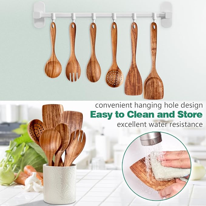 HOWHONG Wooden Spoons for Cooking, Teak Wood Kitchen Utensil Set, Premium - Image 3
