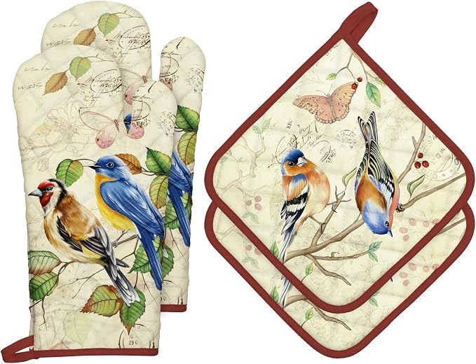 Vintage Bird Oven Mitts and Pot Holders Sets 2Pcs, 100% Cotton Heat Resistant - Image 2