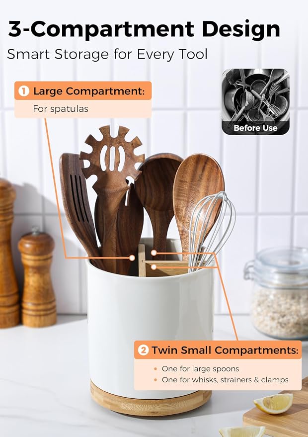 LoeJan 3 Compartment Utensil Holder, Extra Large Utensil Crock, Stable Ceramic - Image 3