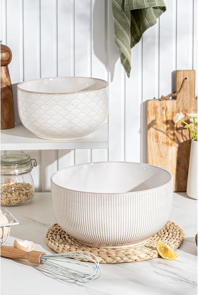Mikiegy Ceramic Mixing Bowls Set of 2, Nesting Ceramic Embossment Stoneware - Image 7