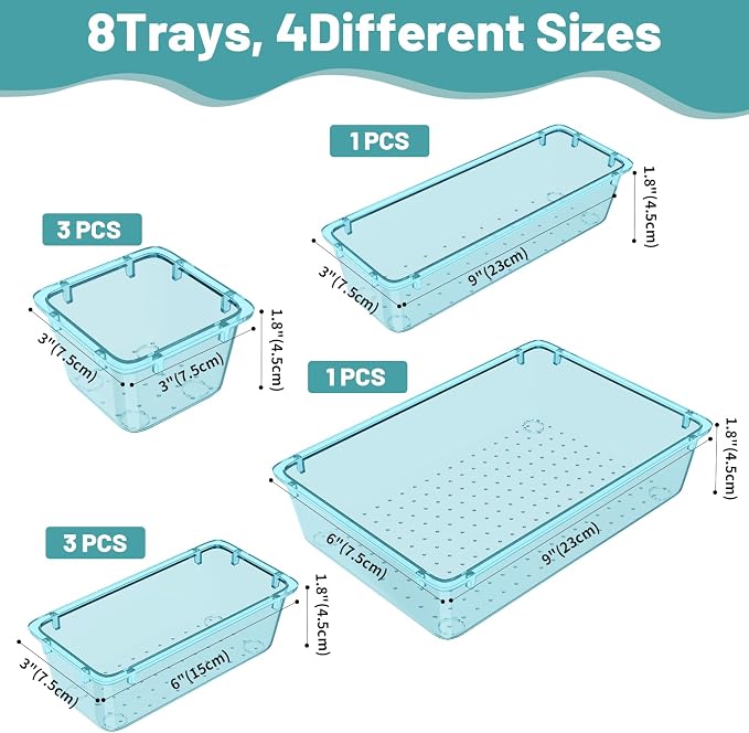 WOWBOX 8 PCS Plastic Drawer Organizer Set, 4 Sizes Desk Drawer Organization and - Image 3