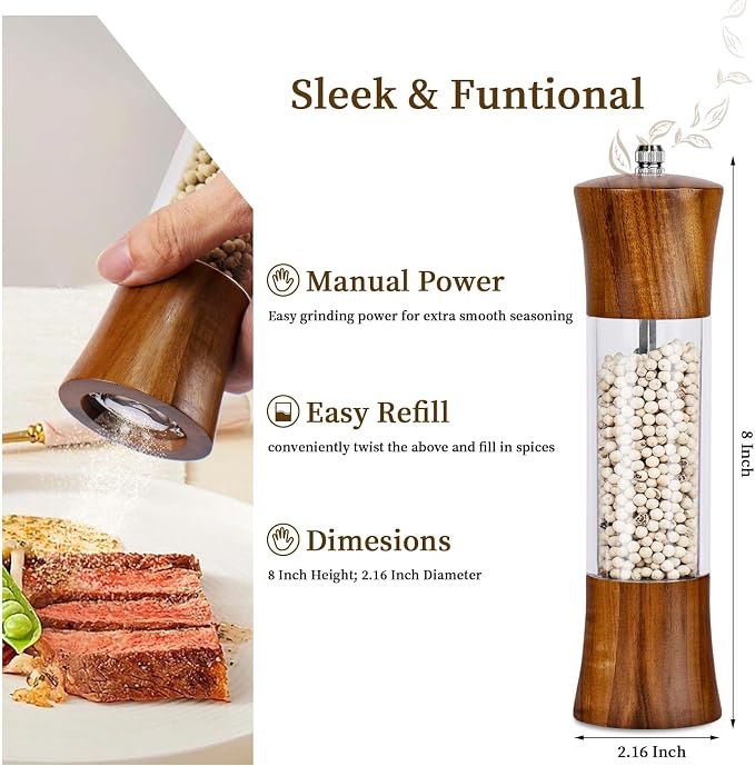 XWXO Acacia Wood Premium Acrylic Salt and Pepper Grinder Set 8 Inches Salt and - Image 2