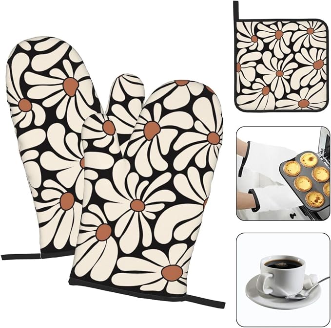 Boho Floral Pot Holders and Oven Mitts Set, Cute Black and Beige Kitchen Mitts - Image 3
