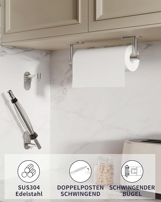 Paper Towel Holder Under Cabinet, Self Adhesive or Wall Mount - Image 2