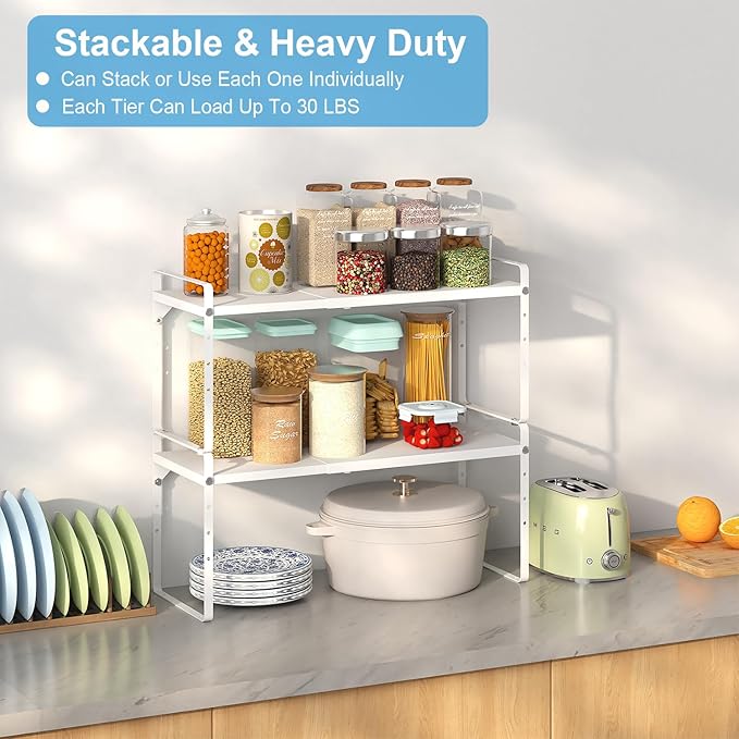 Set of 2 Expandable Cabinet Shelf Organizer, Stackable Kitchen Countertop - Image 4