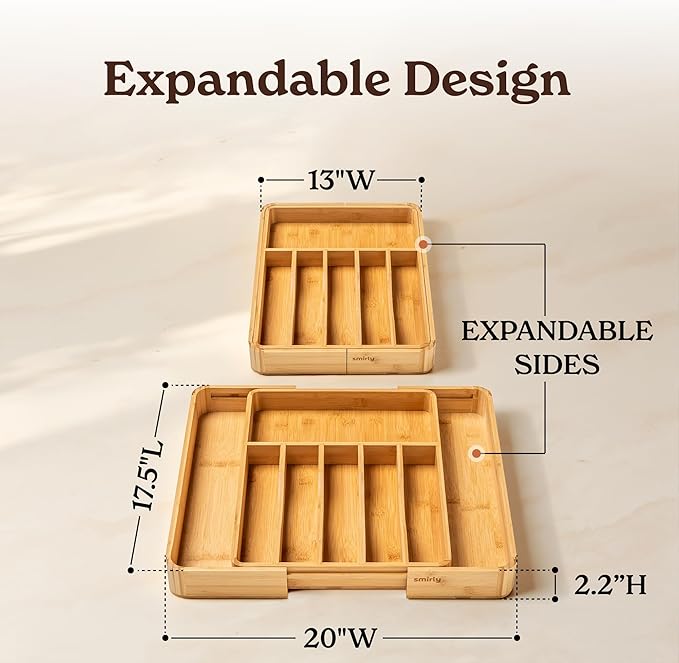 SMIRLY Silverware Drawer Organizer – Bamboo Kitchen Drawer Organizer, - Image 2