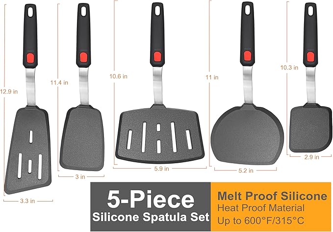 Mixed 5 Piece Silicone Spatula Set, 600F Heat-Resistant No-Melt Rubber Spatula - Image 4