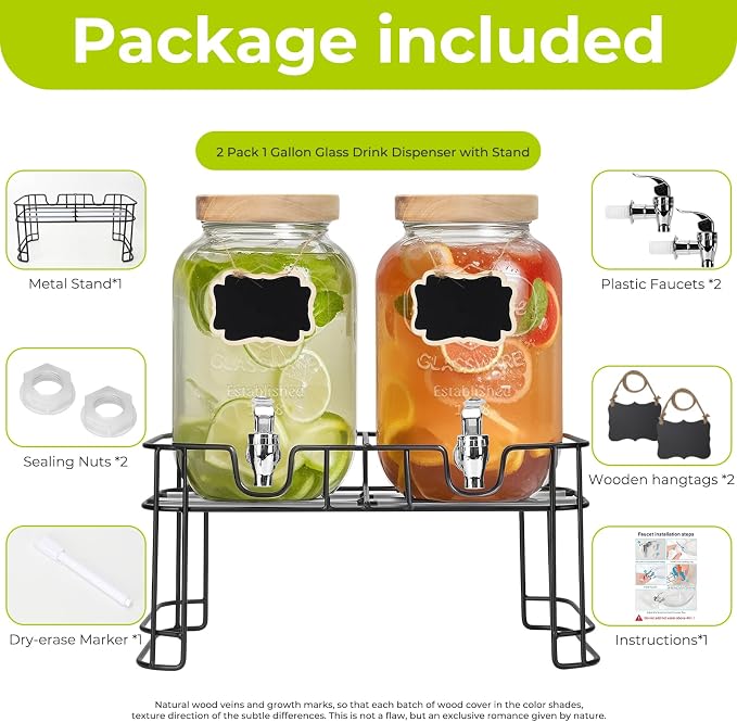 DHSBTLS 1 Gallon Glass Drink Dispensers, 2 Pack Clear Beverage Dispenser - Image 2