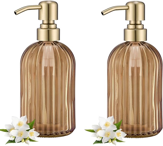 16 OZ Amber Glass Soap Dispenser, Amber Stripe Bathroom Hand Soap Dispensers by LEETCPHOME