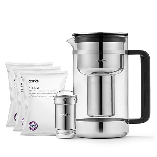 Aarke Purifier Large Glass Pitcher Bundle w/Steel Filter, 3 Enriched + 1 Pure by aarke