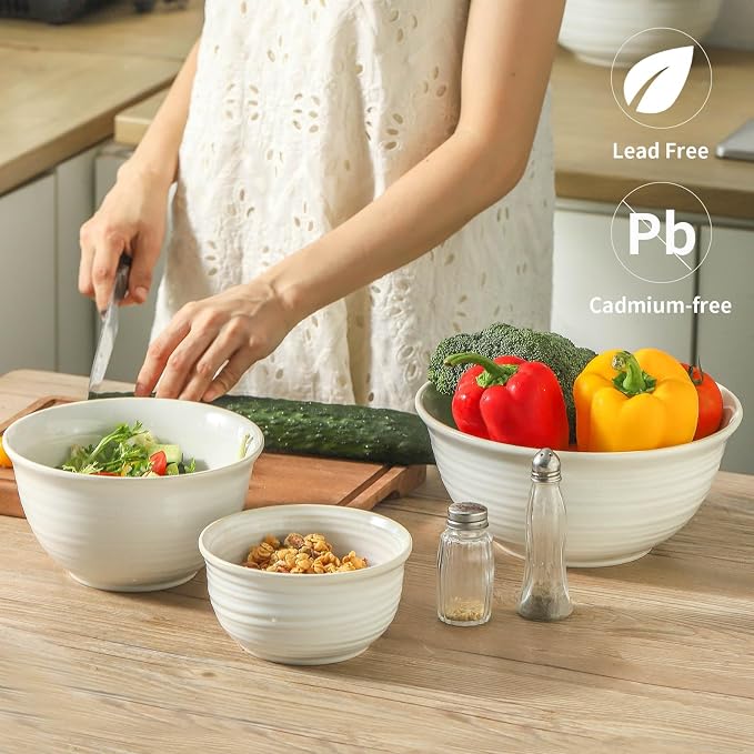HASENSE Ceramic Mixing Bowls Set, 2.1/1.0/0.5 Qt, Handmade Salad Serving Bowls - Image 4