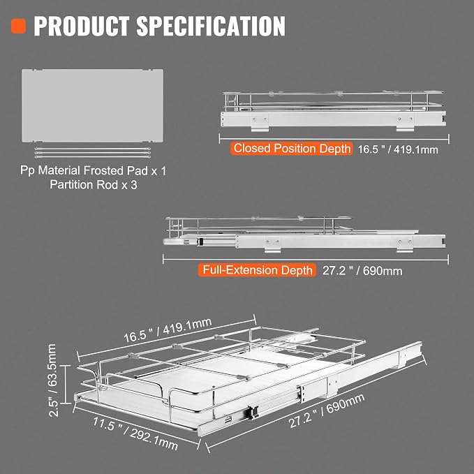VEVOR 12.5"Wx16.5"Dx3.5"H Pull Out Cabinet Organizer, Heavy Duty Slide Out - Image 7
