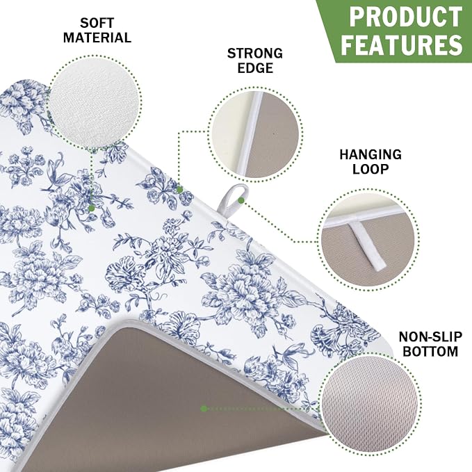 Blue Floral Dish Drying Mat for Kitchen Counter Chinoiserie Flower Microfiber - Image 3