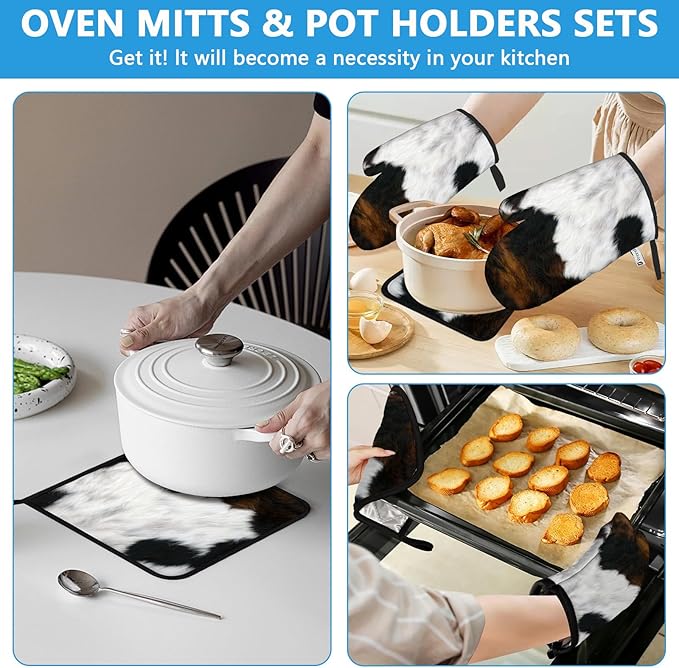 Brown Cowhide Oven Mitts and Pot Holders Sets Heat Resistant 4Pcs Potholders - Image 6