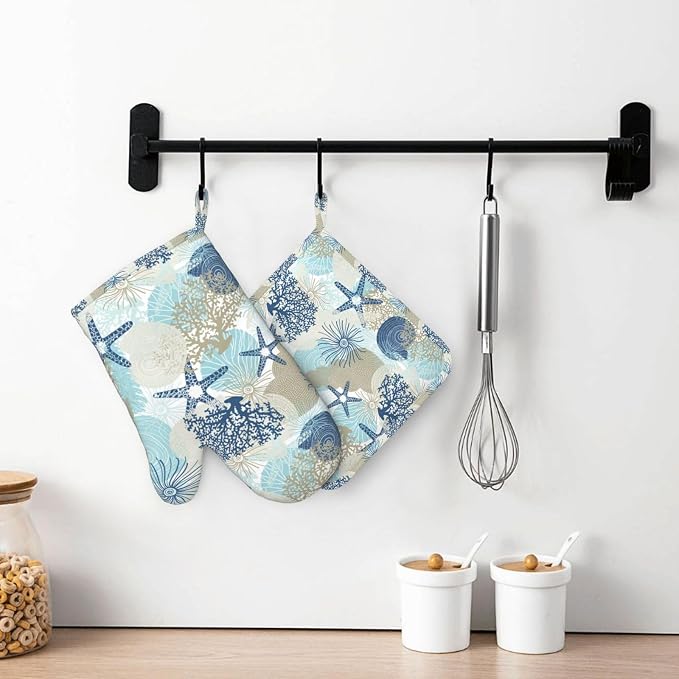 Nautical Coastal Oven Mitts and Pot Holders Set of 4 Silicone Starfish Seashell - Image 7