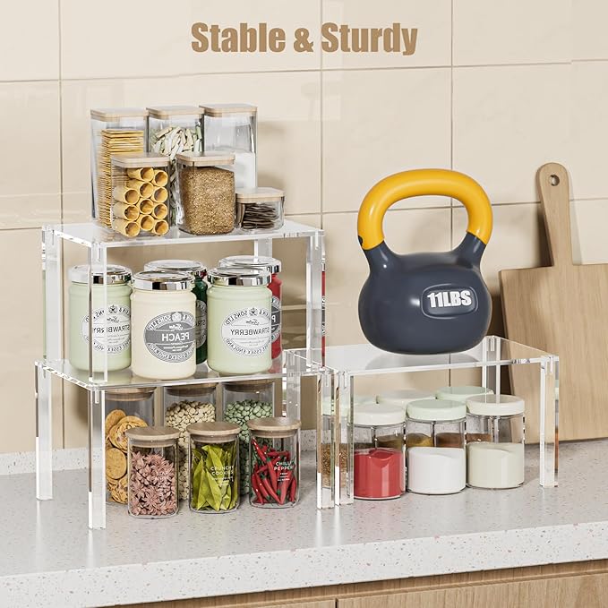 YUNEASELF Clear Cabinet Organizer: Acrylic Shelf Riser Set of 4 - Image 2
