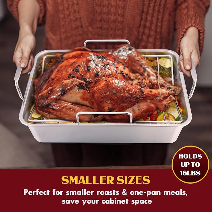 E-far 14 x 10.6 Inch Roasting Pan, Stainless Steel Turkey Roaster - Image 5