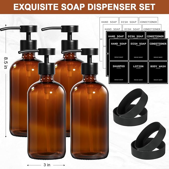 RYTOXILO Amber Glass Soap Dispenser 4 Pack, Hand Soap Dispenser Bathroom - Image 2