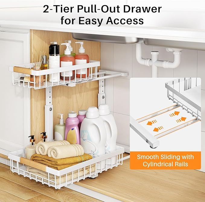 PXRACK Under Sink Organizer, Adjustable Height, 2 Tier Pull Out Under Cabinet - Image 3