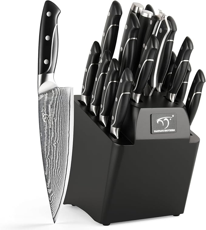 18 Pieces Damascus Kitchen Knife Set, 8 Piece Steak Knives, Non-slip ABS by NANFANGBROTHERS