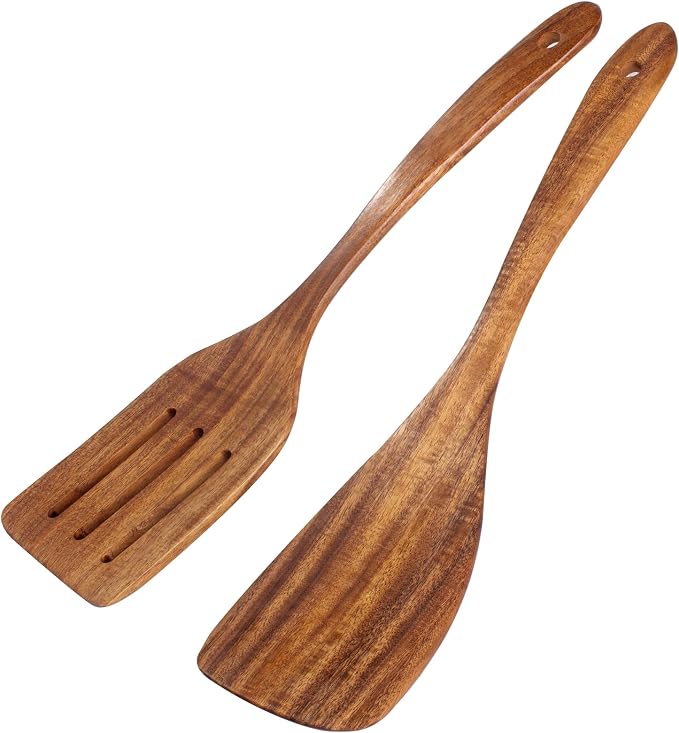 2 Pack Wooden Spatula, Acacia Wood Long Handle Flat Frying Turner, Handmade by FunCee