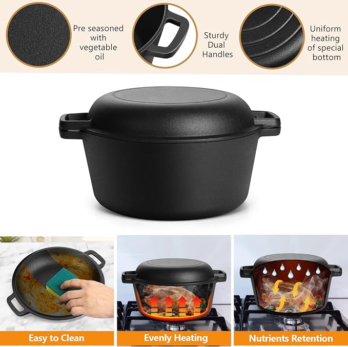 P&P CHEF 5Qt Dutch Oven Pot for Bread Baking, 2 In 1 Round Cast Iron Dutch Oven - Image 3