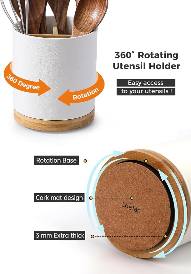 LoeJan 3 Compartment Utensil Holder, Extra Large Utensil Crock, Stable Ceramic - Image 5