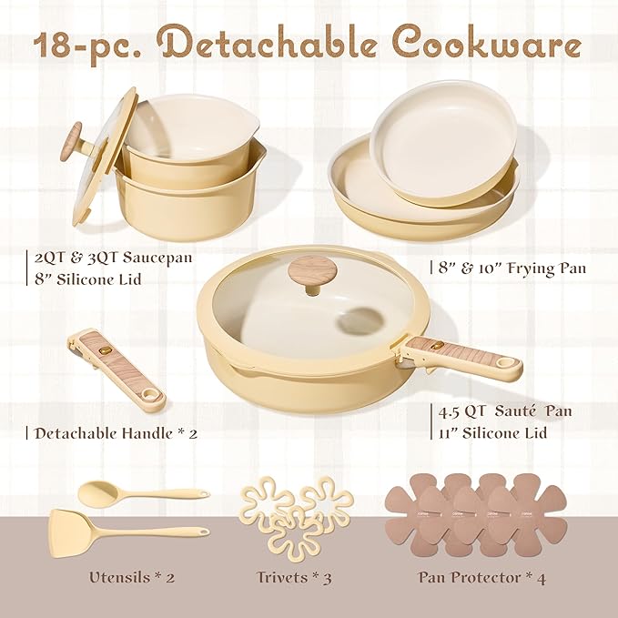 CAROTE 18 Pcs Ceramic Cookware Set Detachable Handle, Non Toxic Pots and Pans - Image 2
