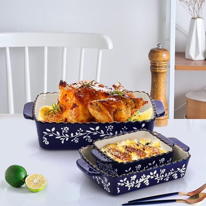 AVLA 3 Pack Ceramic Bakeware Set Porcelain Rectangular Baking Dish Lasagna Pans - Image 4