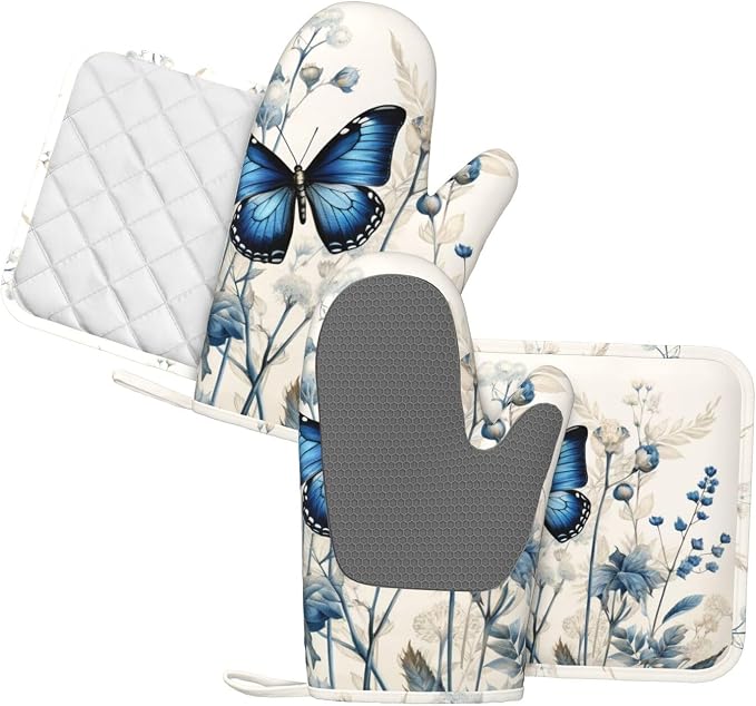 Oven Mitts and Pot Holders Butterfly Blue Flower Boho Silicone Kitchen - Image 2