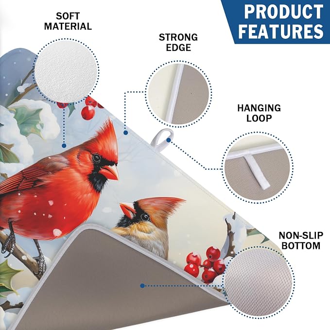 Winter Cardinal Birds Dish Drying Mat, Holly Berry Branches Dish Drying Mat - Image 3