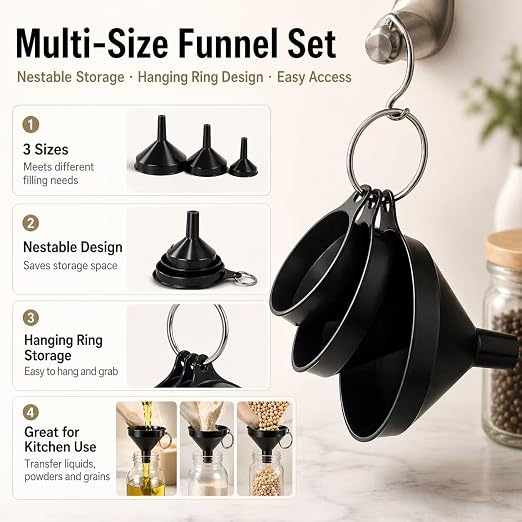 Stainless Steel Funnels Set Kitchen Funnels 3 Piece Set Small Medium Large - Image 3