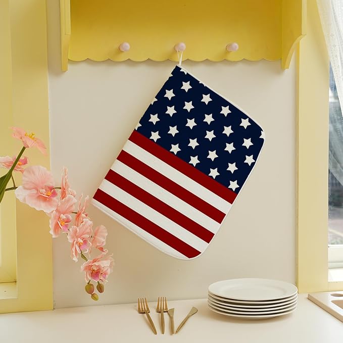 4th of July Dish Drying Mat 18 x 24 Inch Patriotic Red Stripe Navy Blue Stars - Image 3