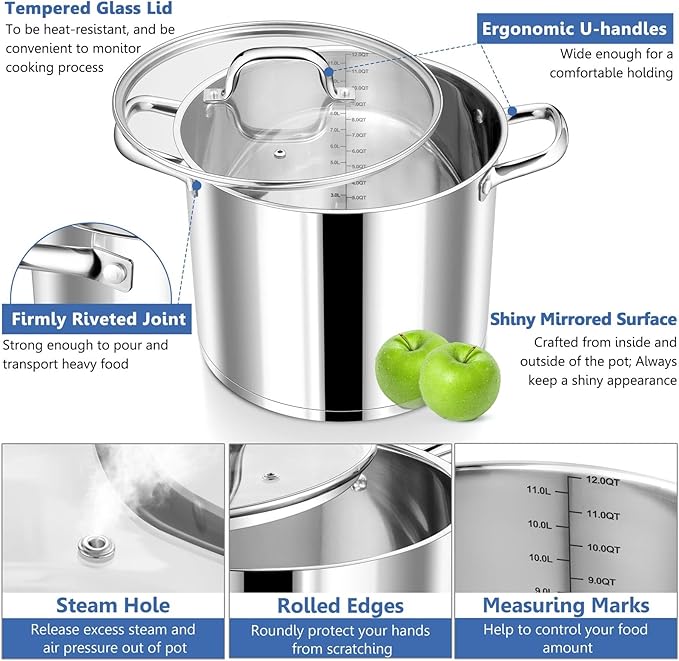 P&P CHEF 12 QT Stock Pot with Lid, Stainless Steel Large Cooking Pot, Soup - Image 3