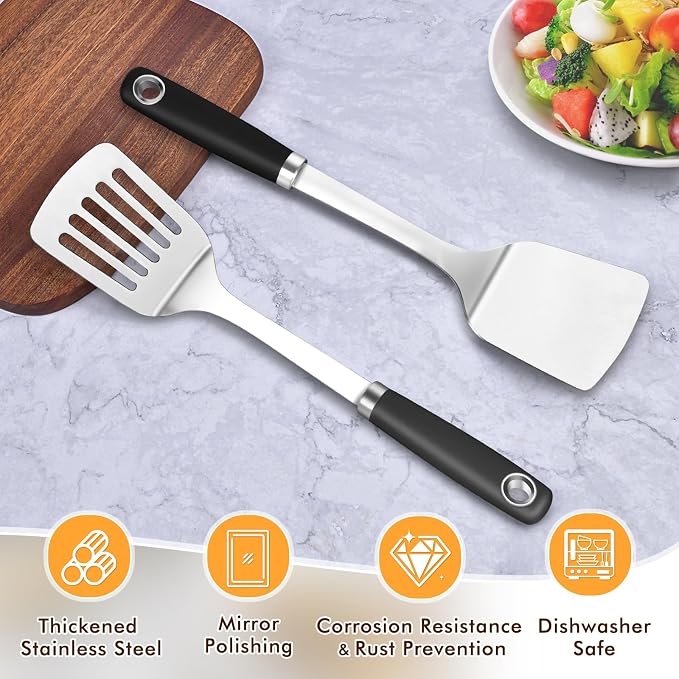 2 Pcs Silicone Stainless Steel Spatulas Set, Metal Spatula Solid & Slotted - Image 2