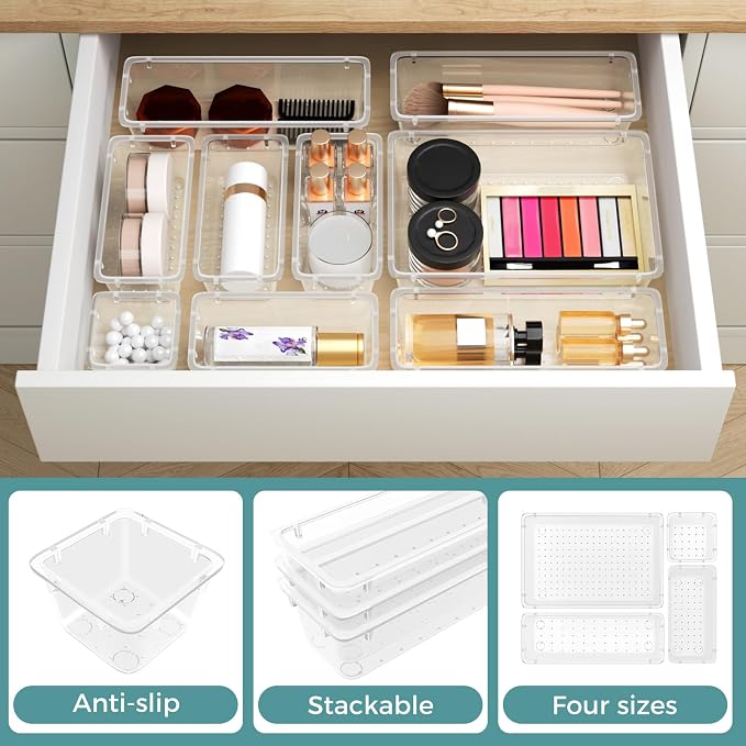 WOWBOX 44 PCS Clear Plastic Drawer Organizer Set, 5 Varied Size storage Bins - Image 4