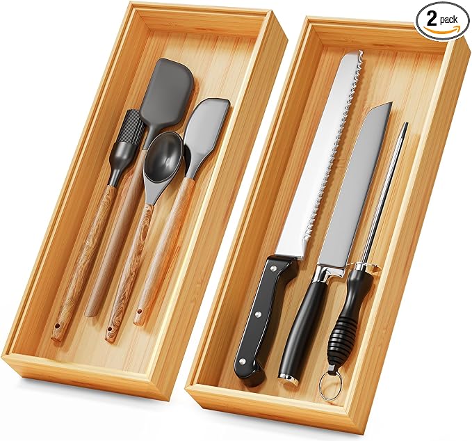 Bamboo Kitchen Drawer Organizer Set of 2, Stackable 15" x 6" Wood Silverware by LOCHANTIE