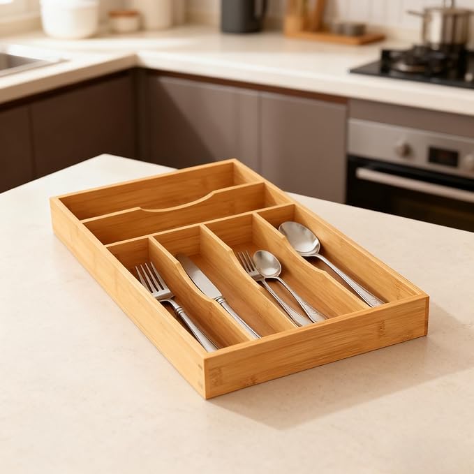Bamboo Silverware Organizer, Bamboo Kitchen Drawer Cutlery Organizer, Utensil - Image 9