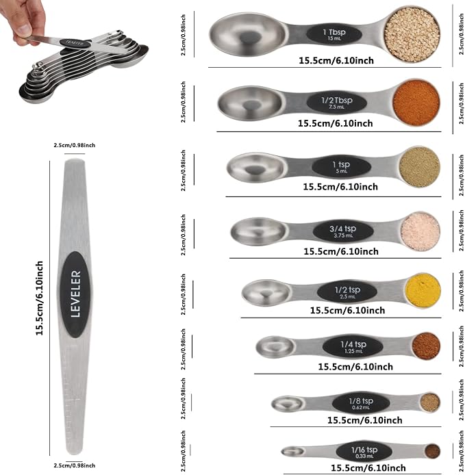 Measuring Spoon Set of 9 Magnetic Measuring Spoons Dual Sided Stainless Steel - Image 2
