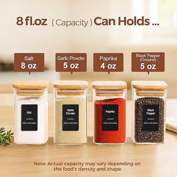 ComSaf 12Pcs Spice Jars with Labels, Glass Jar with Bamboo Lid, 8oz Airtight - Image 2