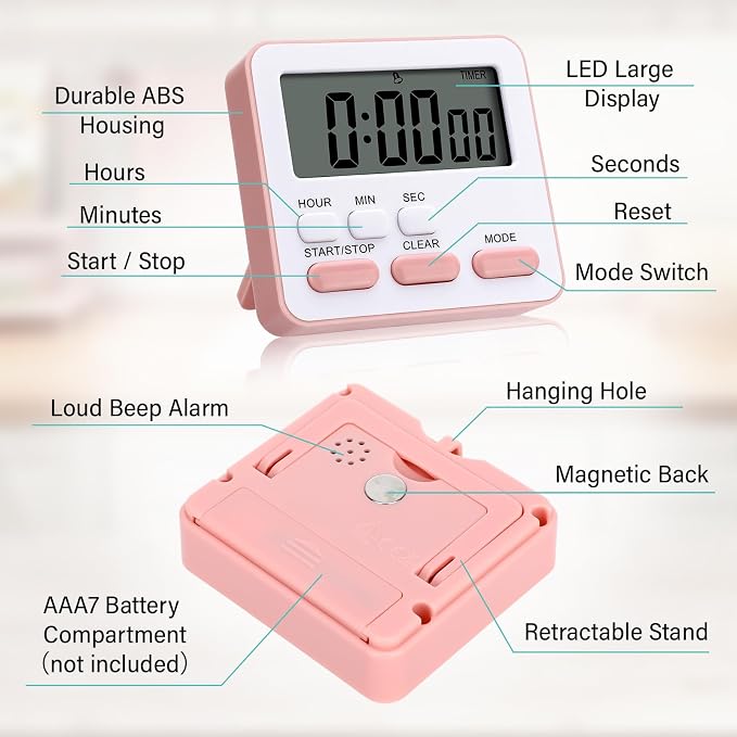 Leumoi 6 Pcs Digital Kitchen Timer 24 Hour Clock and Alarm Function Timer - Image 3