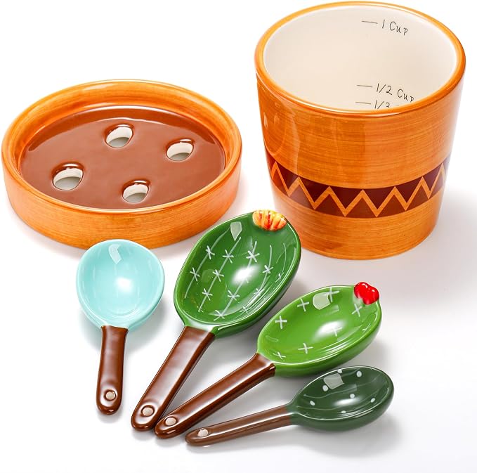 Coloch 5Pcs Ceramic Measuring Spoons in Pot, Cactus Shape Baking Measuring - Image 5