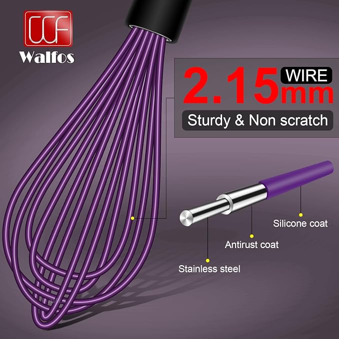 Walfos Whisk, Silicone Whisks Set of 5, Mini Stainless Steel Whisk 7+5in & Non - Image 3