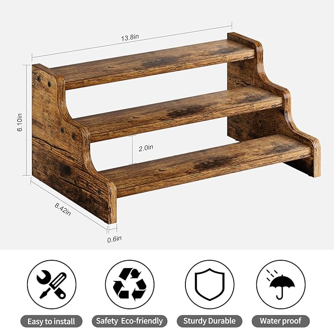 KLM 3-Tier Spice Rack, 13.8 Inch Wood Step Shelf Countertop Spice Storage Holder - Image 9