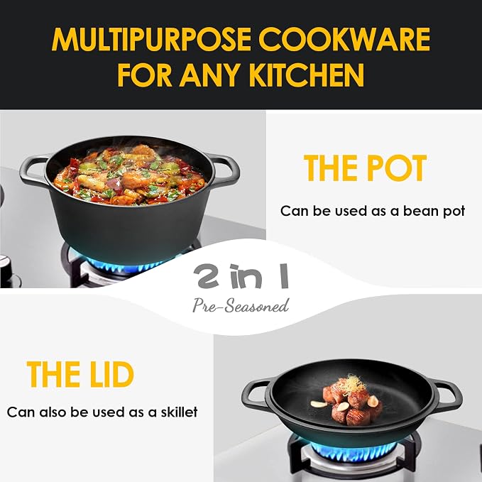 EDGING CASTING 2-in-1 Pre-Seasoned Cast Iron Dutch Oven Pot - Image 4