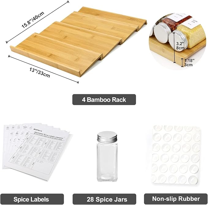 Spice Drawer Organizer with 28 Spice Jars and 216 Labels, Non-slip Rubber - Image 3