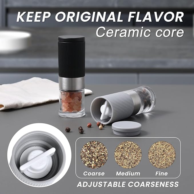 Mini Salt and Pepper Grinder Set, Small Tiny Adjustable Coarseness Ceramic Salt - Image 4