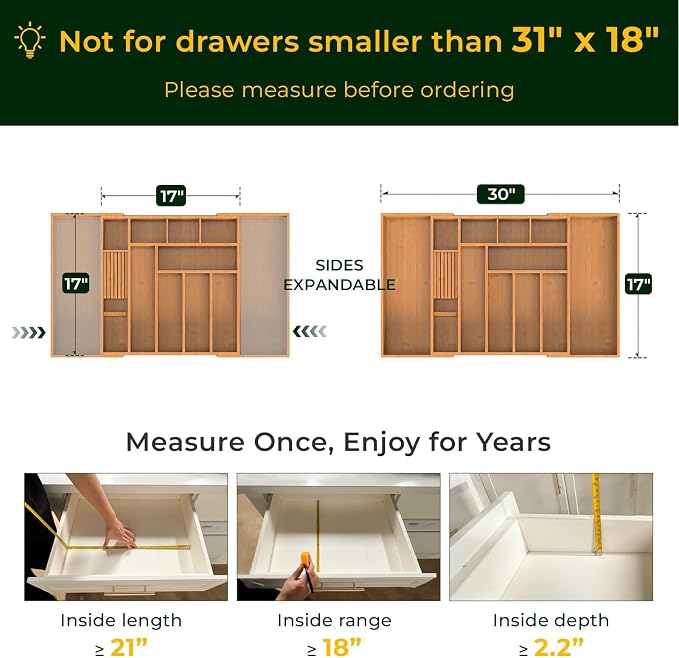 keechee Carbonized Large Bamboo Kitchen Drawer Organizer, 12 Slots Expandable - Image 2