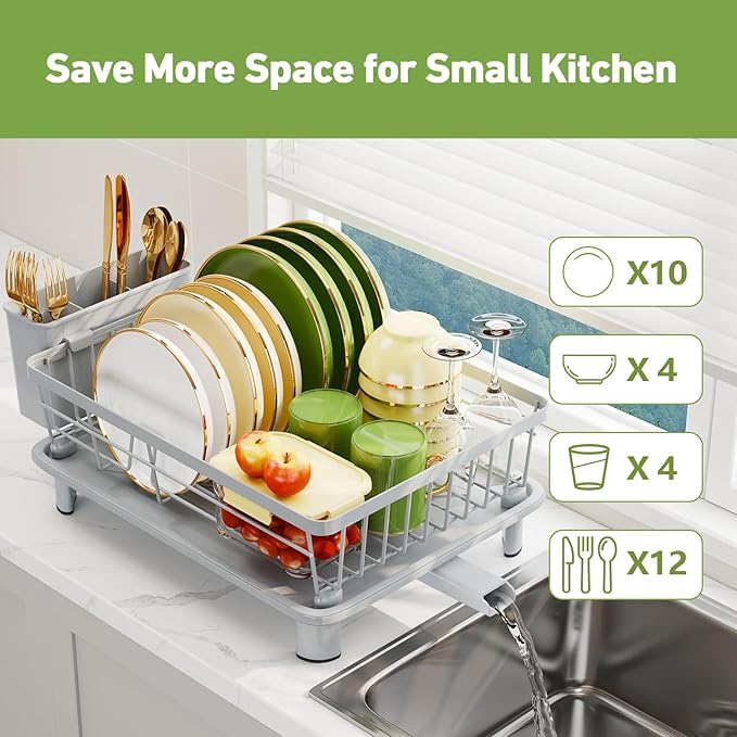 Dish Drainer Rack with Drip Tray, Sink Dish Drainer with Drainage Spout - Image 5